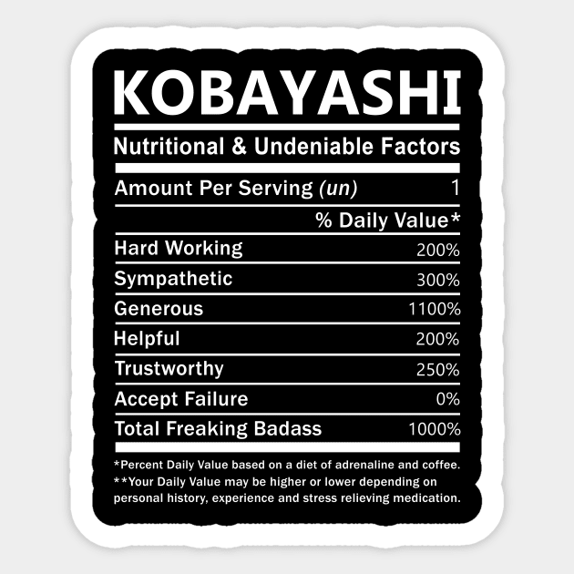 Kobayashi Name T Shirt - Kobayashi Nutritional and Undeniable Name Factors Gift Item Tee Sticker by nikitak4um